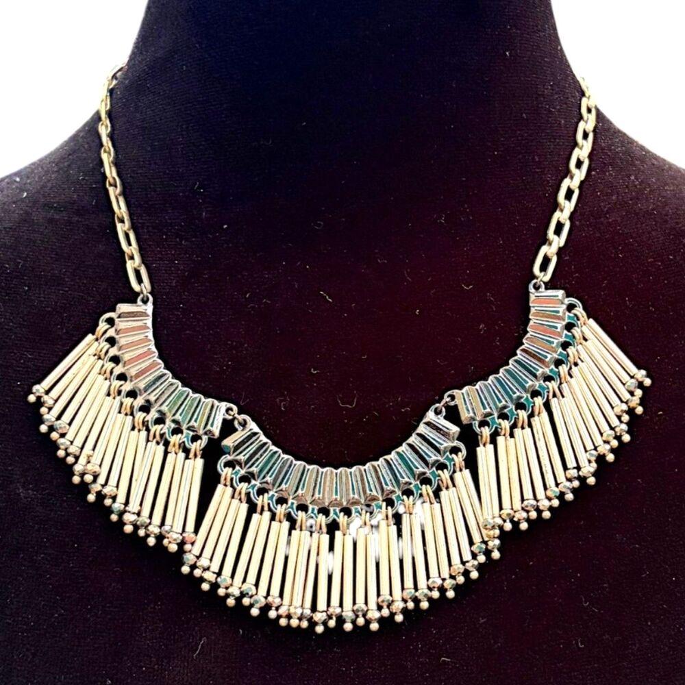 Stella & Dot Twilight Fringe Necklace Gold Tone Baguette Rhinestones Reversible